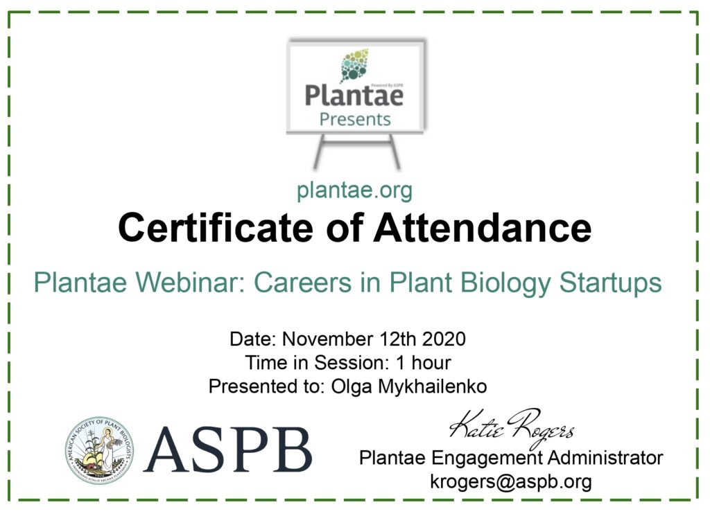 Участь у вебінарі "Plantae Webinar: Careers in Plant Biology Startups"