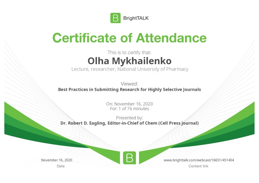 Участь у вебінарі “Best Practices in Submitting Research for Highly Selective Journals”